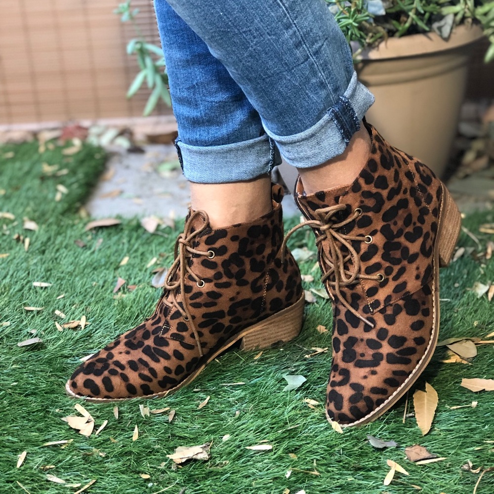 Faux Suede Leopard Print Ankle Boots